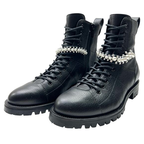 JIMMY CHOO Cruz Quilted Crystal Strap Embellished Black Combat Boots EU 37 US 7 - Picture 4 of 16
